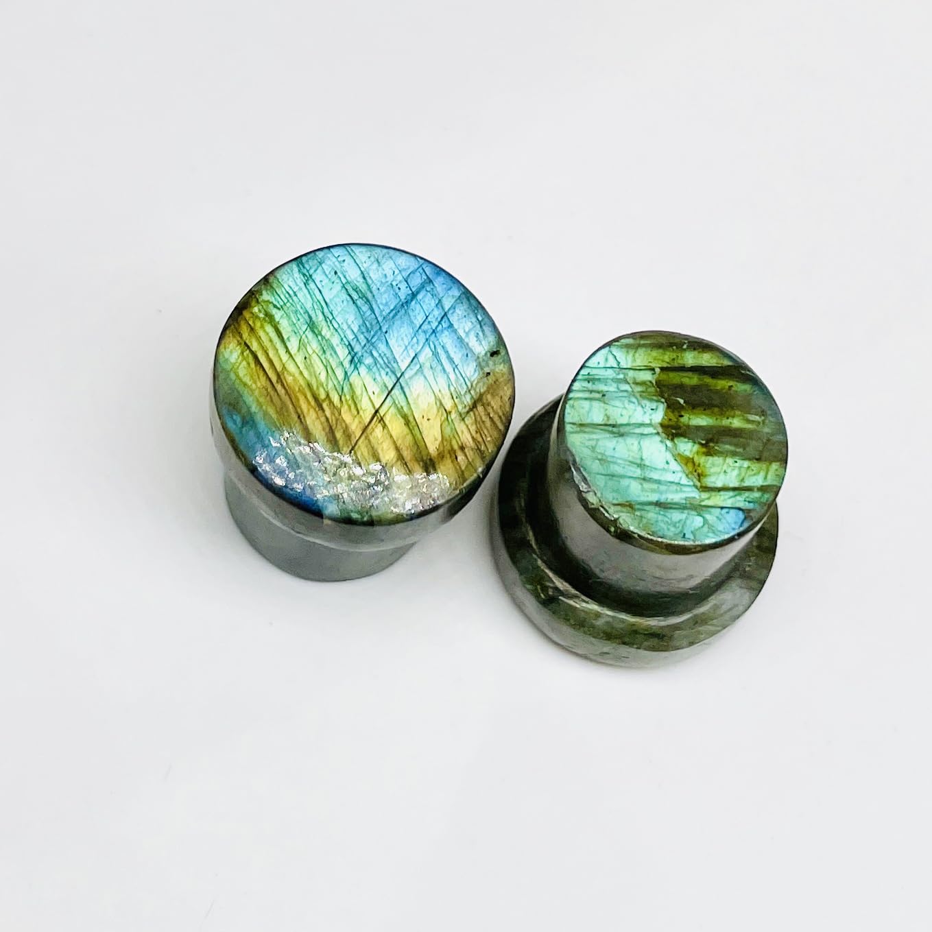 Naga Body Jewelry Pair of Multi Flash Natural Labradorite Gemstone Round Shaped Ear Piercing Single Flared Gauges & Plugs Naga Plug Body Jewelry Size 8g (3mm) to 1" (25mm)