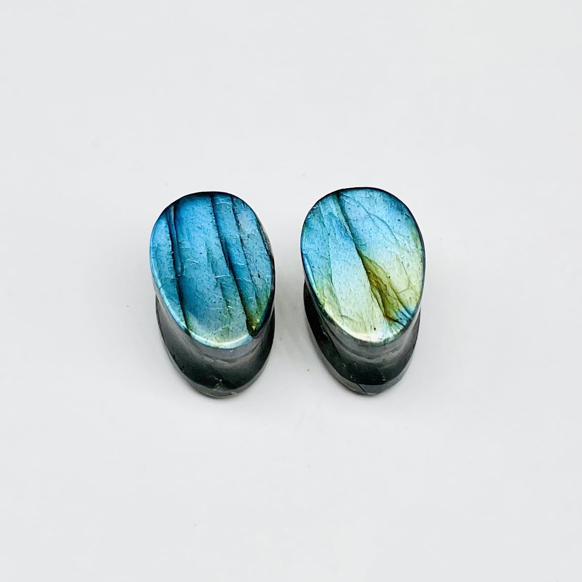 Sky Blue Labradorite, Double Flared Teardrop Ear Plugs, Size 8g (3mm) - 1" (25mm), Pair, Custom Sizes Available