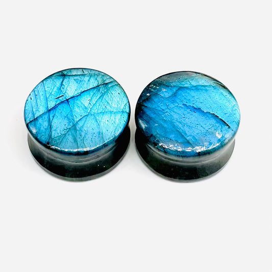Pair of Real Natural Sky Blue Multi Fire Labradorite Nice Textured and Polished Ear Plug Handmade Beautiful Pair Size 8g (3mm) to (50mm) & Custom Wholesale Also Available