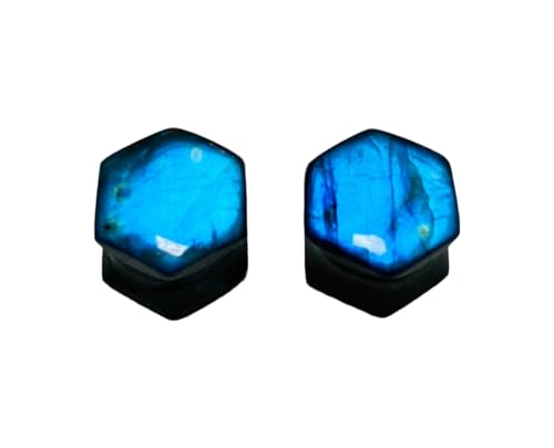 Body Piercing Jewelry Pair of Natural Blue Flash Labradorite Gemstone Handmade Hexagon Gauges Plugs (Set of 2)