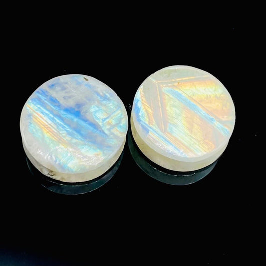 Rainbow Moonstone Plugs for Stretched Ears – Natural Crystal Ear Gauges | Handcrafted Gemstone Jewelry Pair Size 8G (3mm) to 1" (25mm)