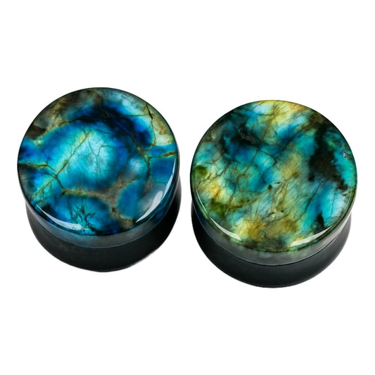 Polished Labradorite Stone Ear Plugs – Multicolor Iridescent Flash, Natural Crystal Gauges – Sold as a Pair