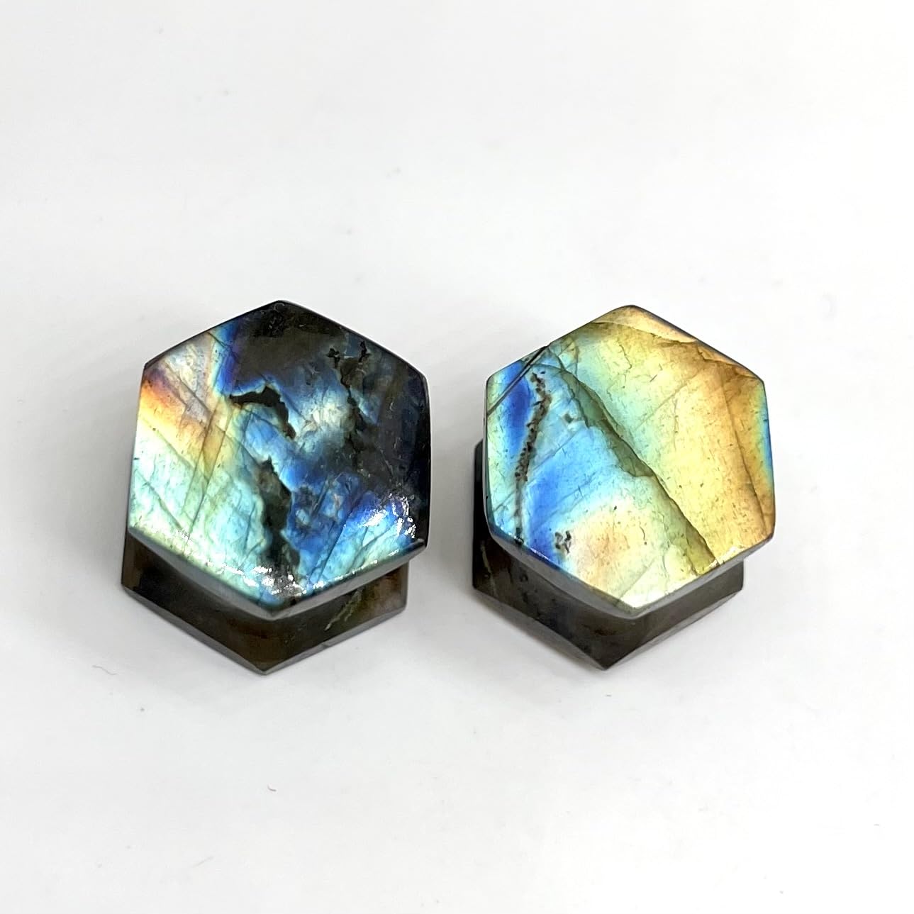 Labradorite Double Flare Earring Plug, Hexagon, Size 8g (3mm) to 2-1/8” (54mm), Natural Multi Flashy Labradorite Stone Earring Body Jewelry for Men and Women