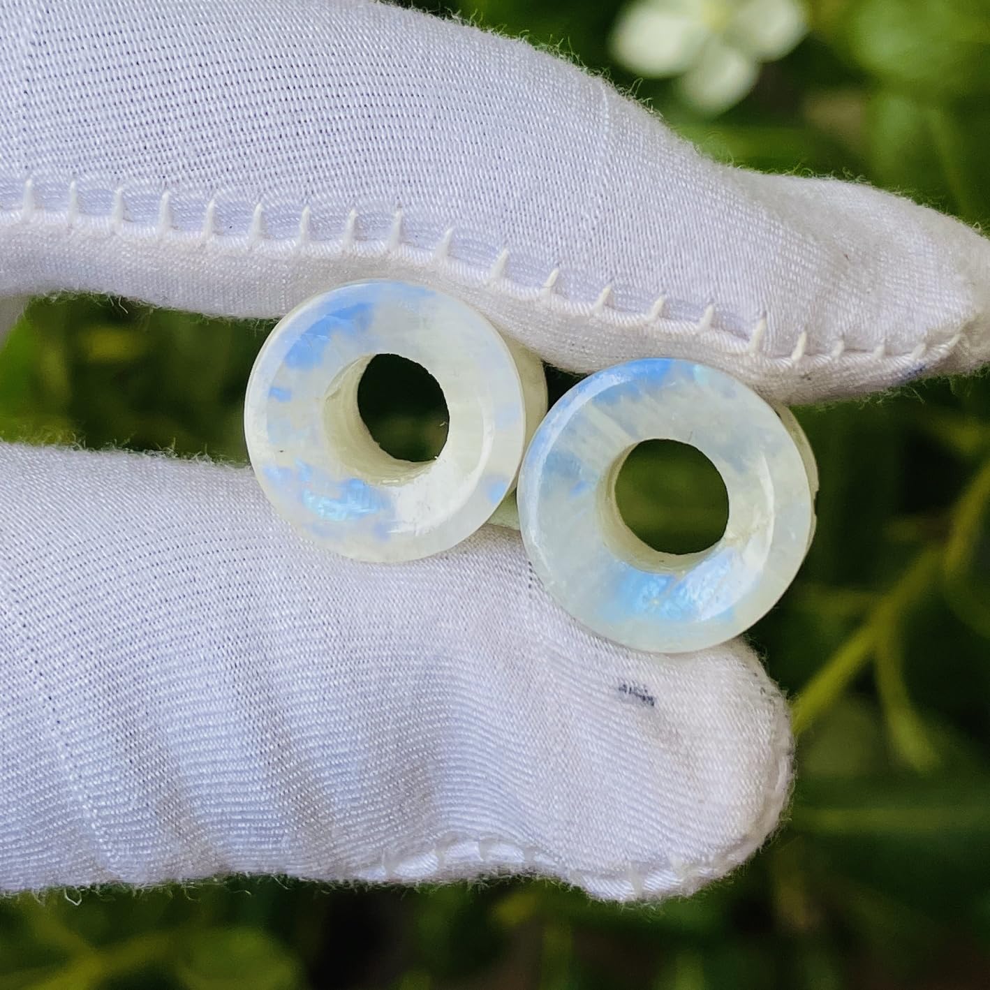 Natural Rainbow White Moonstone Handmade Double Flared Ear Gauges Plug Tunnel, 6g (4mm) to 13/16 inch (20mm), Customized Size Wholesale Available