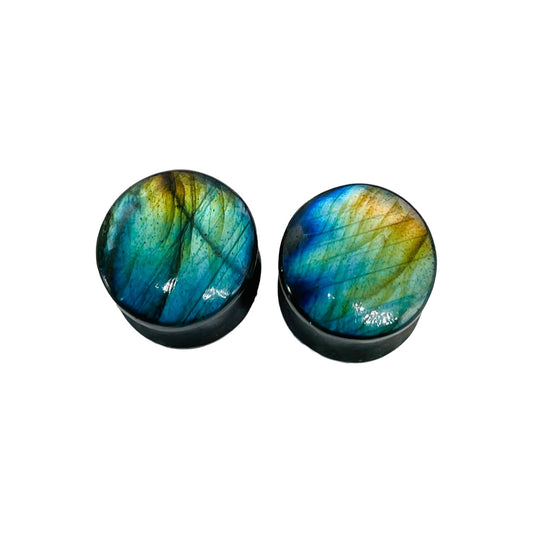 Natural Labradorite Stone Ear Plugs – Double Flared Saddle Fit Gauges for Stretched Ears – Handcrafted Pair – 12mm (1/2") – Iridescent Healing Crystal Jewelry
