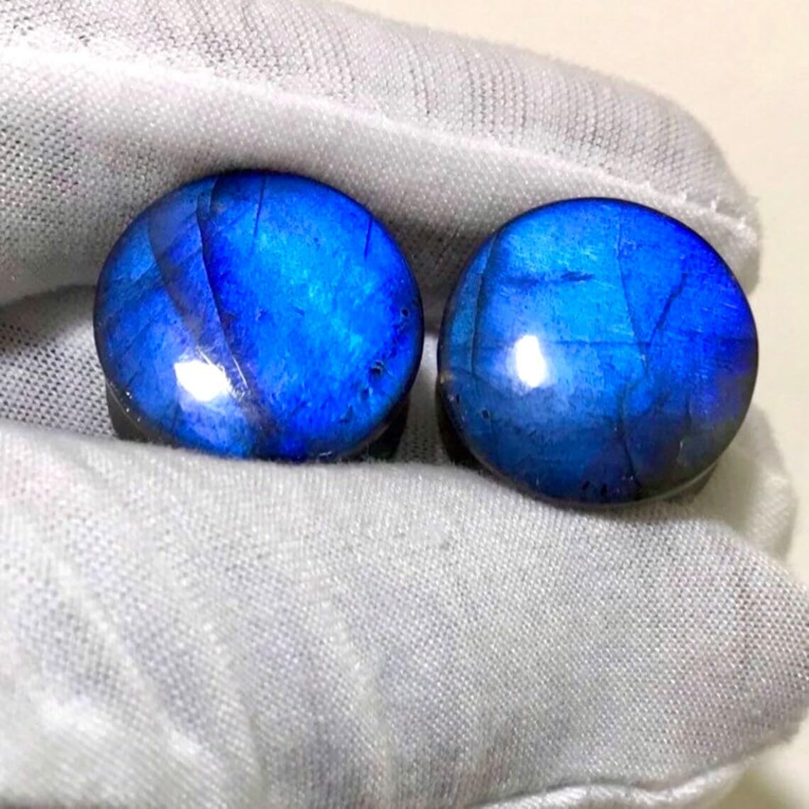 BodyJewels007 Body Jewelry Pair of Natural Blue Flash Labradorite Gemstone Double Flared Round Shaped Naga Body Ear Piercing Jewelry Gauges Plugs Size 8g (3mm) to 1" (25mm)