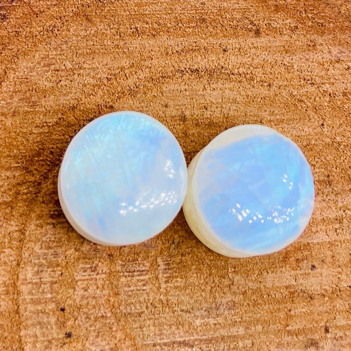 Pair of Natural White Rainbow Moonstone Gemstone Handmade Double Flared Round Shaped Ear Gauges Plugs Naga Body Piercing Jewelry Size 8g (3mm) to 1" (25mm)