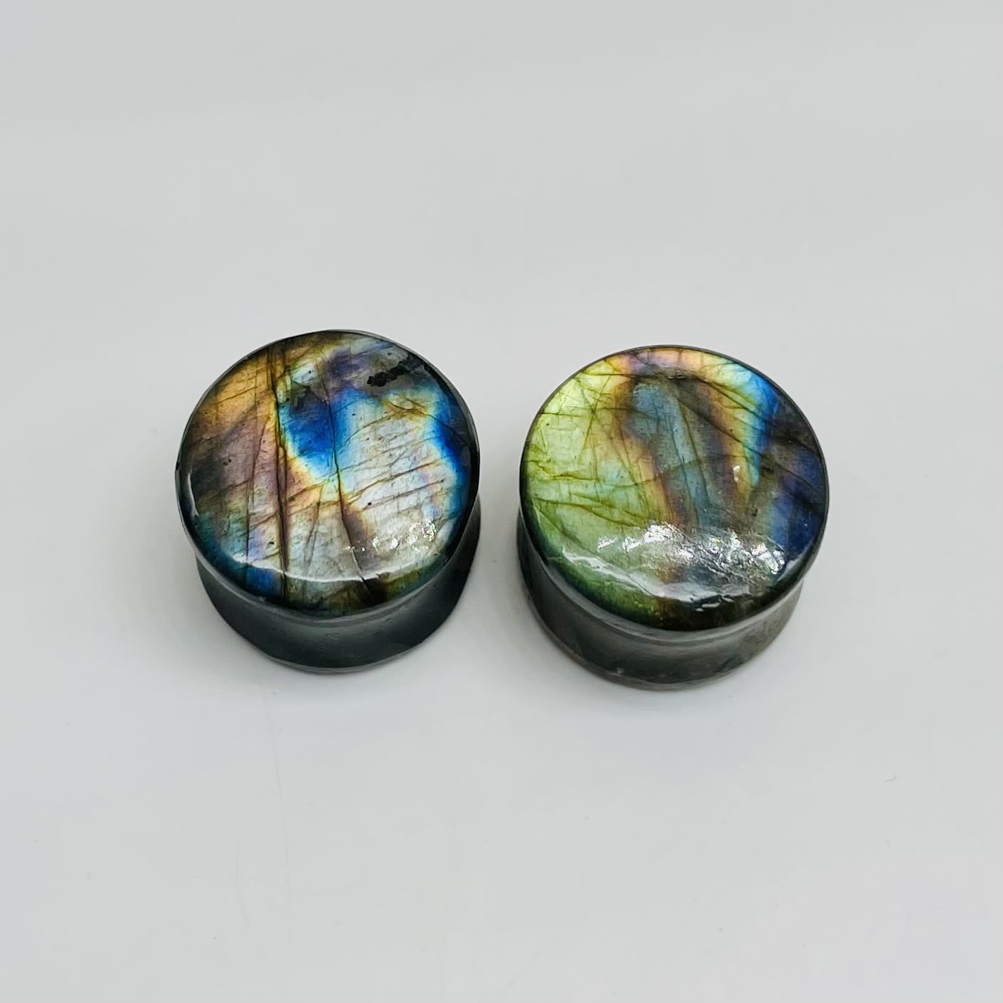 Natural Rare Flash Labradorite Crystal Handmade Double Flare Convex/Concave Round Ear Plugs Naga Body Jewlry Gauges Size 9/16" (14mm) Ready to Ship