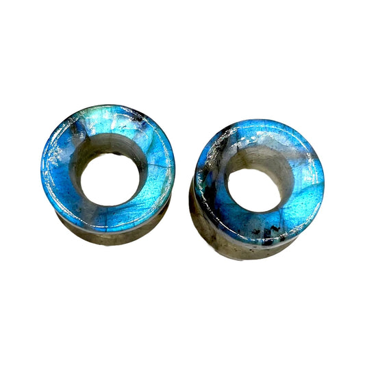 Pair of Natural Blue Flash Labradorite Crystal Handmade Ear Piercing Naga Body Jewelry Double Flare Round Shape Tunnel Plug Size 6g (4mm) to 1" (25mm) Customized Wholesale Also Available