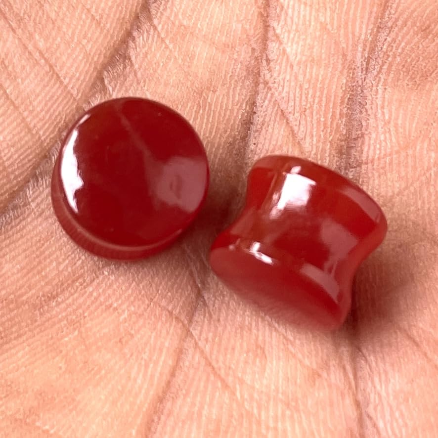 Pair of Natural Red Onyx Double Flared Ear Plugs Gauges, Sizes 3 mm to 25 mm
