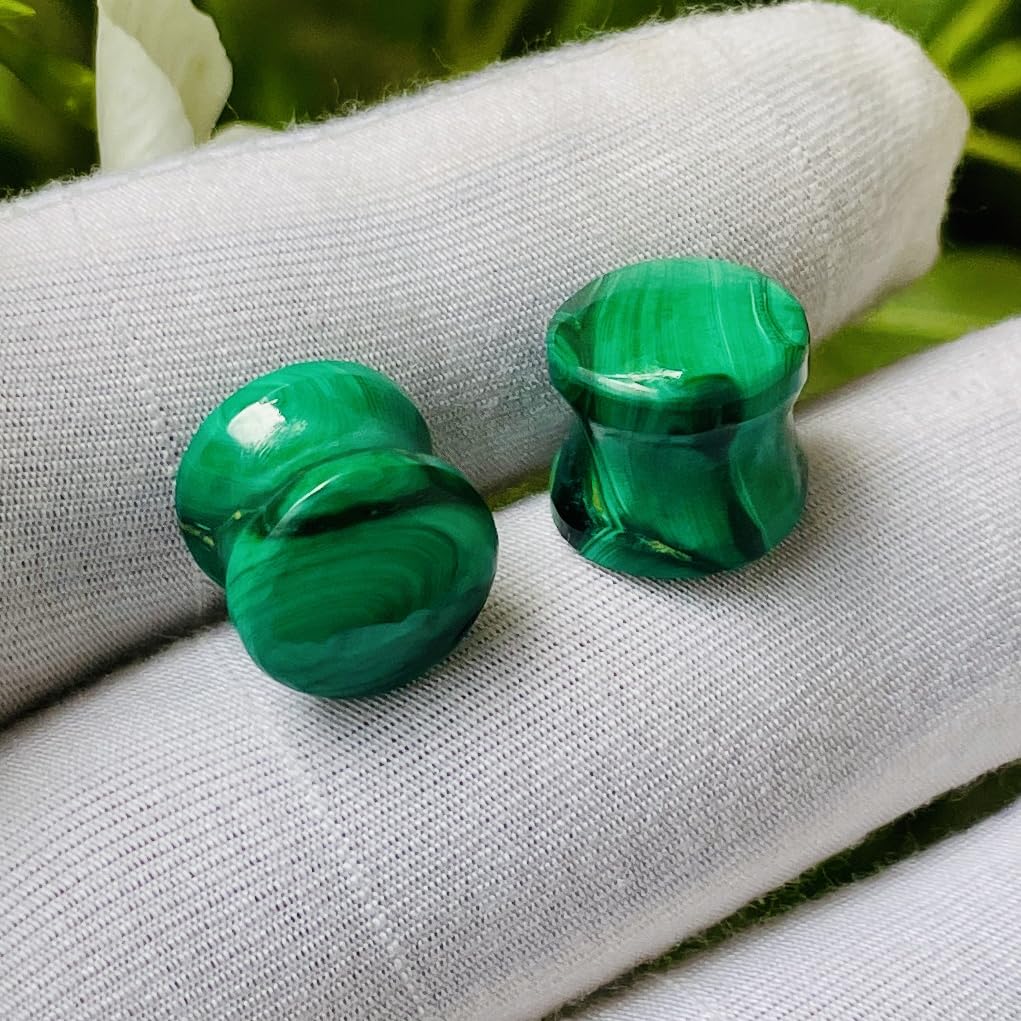 Natural Green Malachite Crystal Handmade Double Flared Round Naga Body Piercing Jewelry Ear Gauges, 8g (3mm) to 30mm, Customized Size, Wholesale Available
