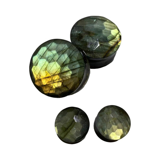 Faceted Labradorite Stone Ear Plugs – Double Flared Natural Crystal Tunnels for Stretched Ears | Handmade Gemstone Body Jewelry Gauges | Sizes 8g to 2 Inch