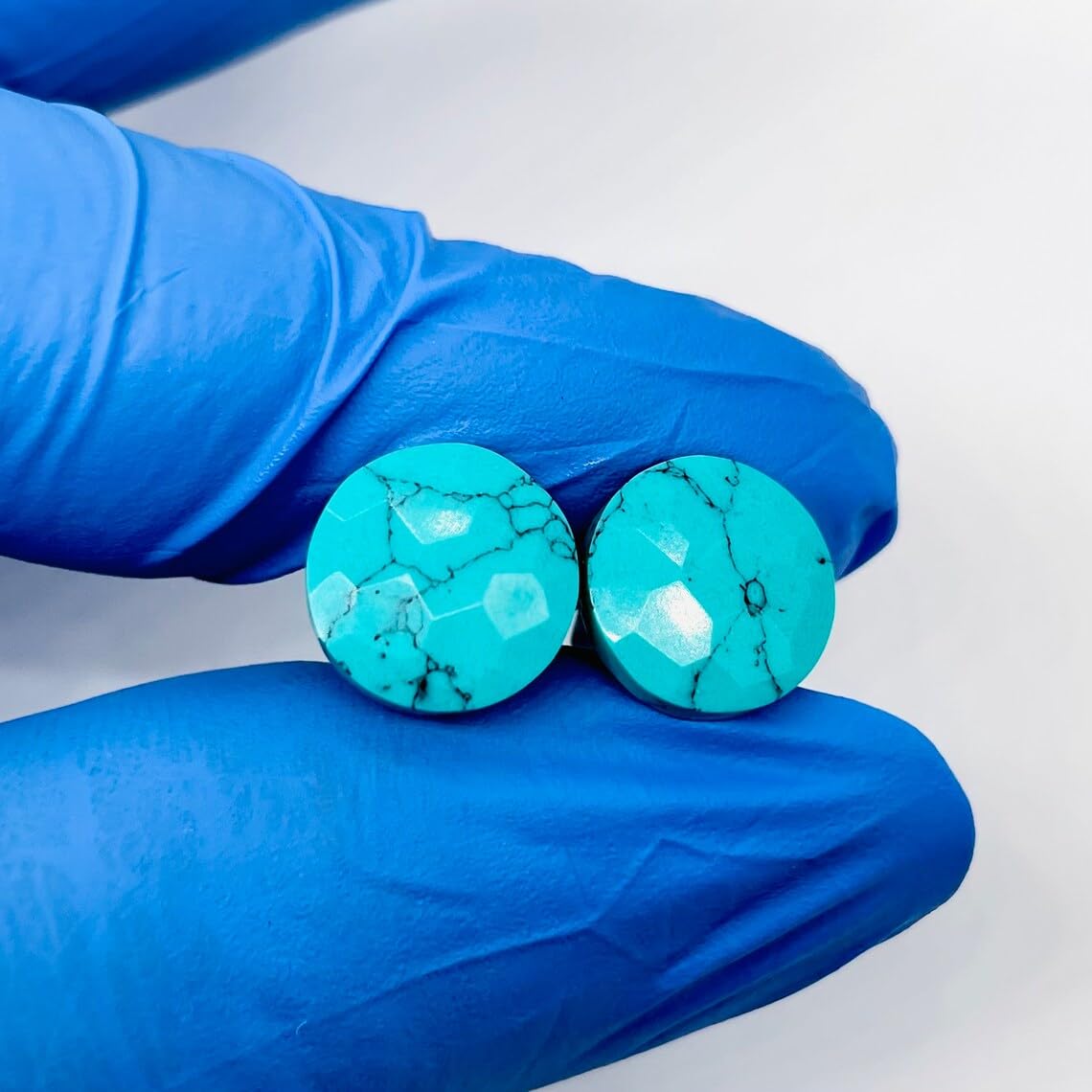 Blue Turquoise Crystal Round Body Piercing Plugs, Customizable Sizes 8g to 1", Handmade Hexagon Faceted Gauges