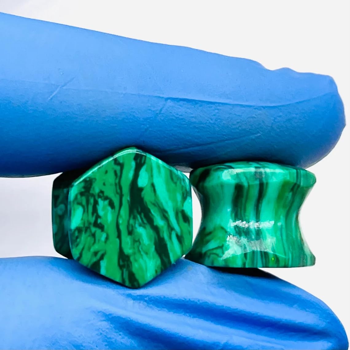Green Malachite Crystal Naga Body Piercing Jewelry, Double Flared Hexagon Ear Gauges, 3mm (8g) to 54mm (2-1/8 inches), Set of 2