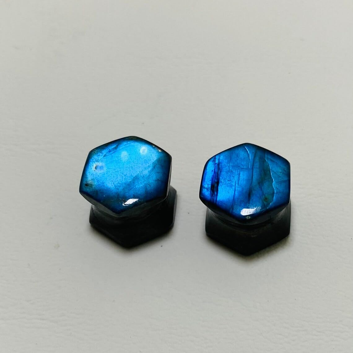 Body Piercing Jewelry Pair of Natural Blue Flash Labradorite Gemstone Handmade Hexagon Gauges Plugs (Set of 2)
