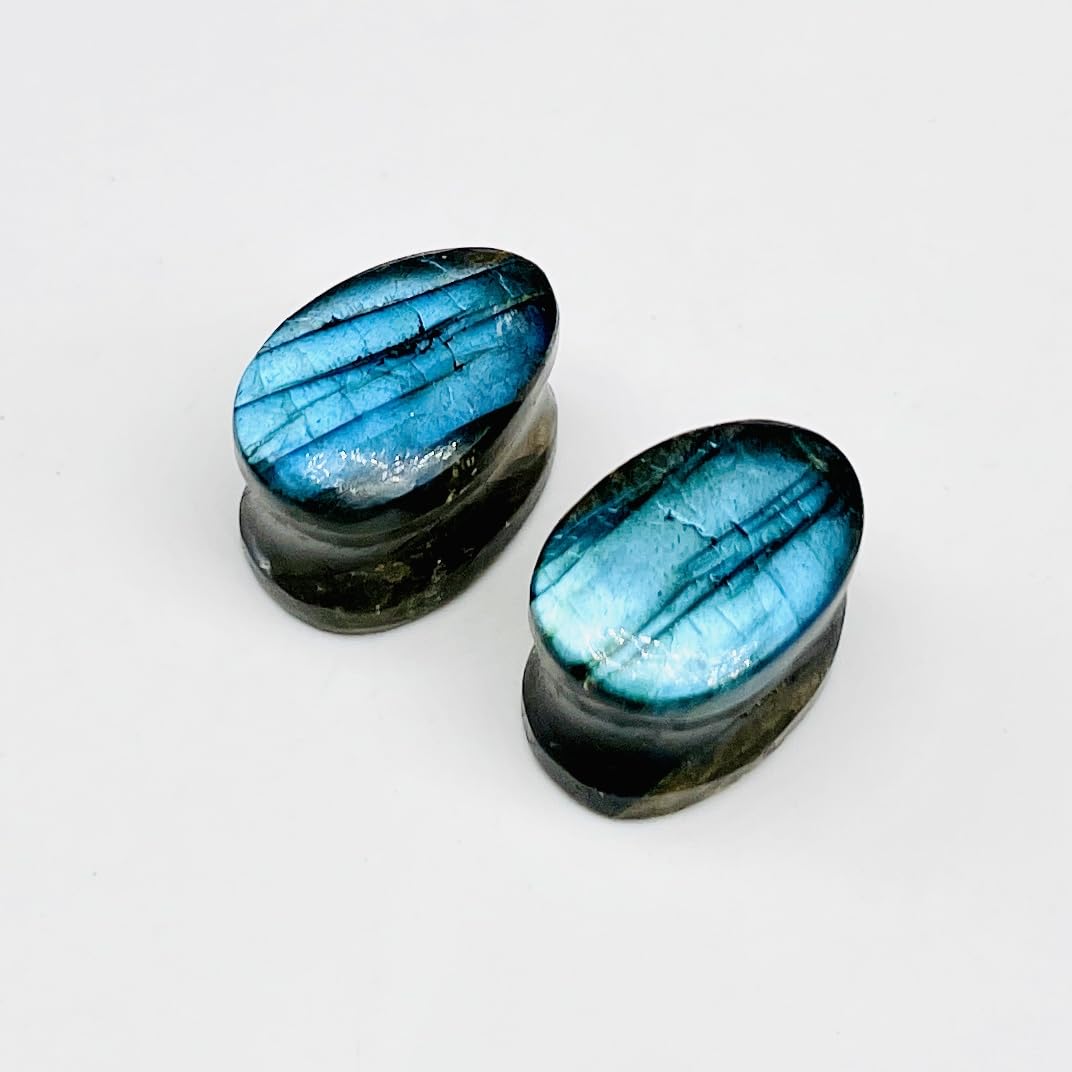 Sky Blue Labradorite, Double Flared Teardrop Ear Plugs, Size 8g (3mm) - 1" (25mm), Pair, Custom Sizes Available