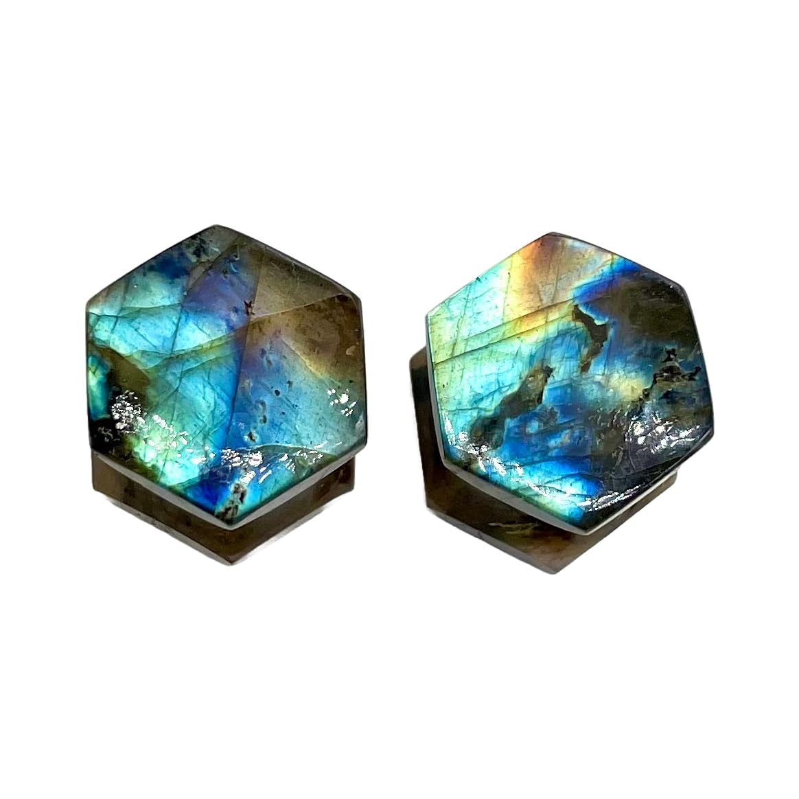 Labradorite Double Flare Earring Plug, Hexagon, Size 8g (3mm) to 2-1/8” (54mm), Natural Multi Flashy Labradorite Stone Earring Body Jewelry for Men and Women