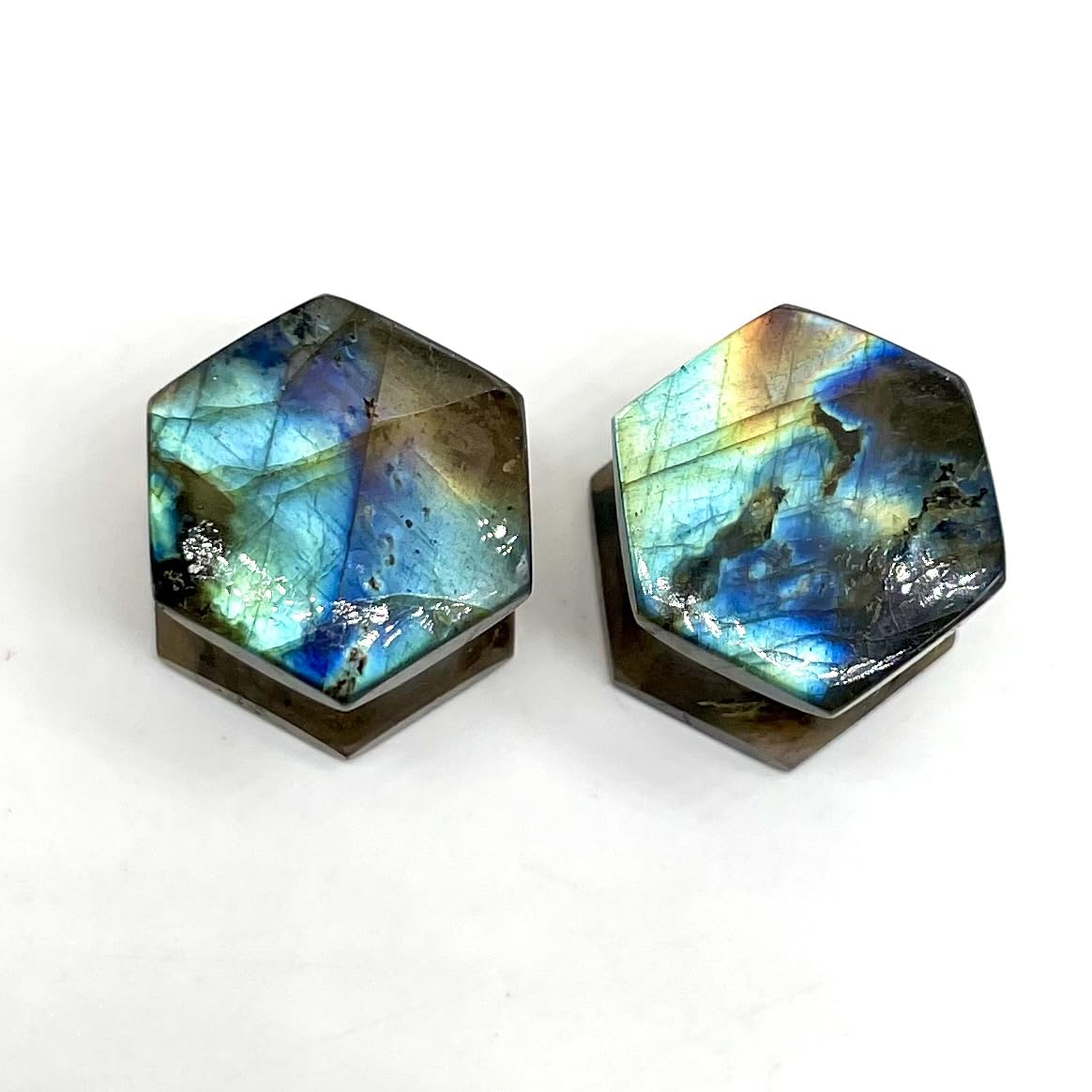 Labradorite Double Flare Earring Plug, Hexagon, Size 8g (3mm) to 2-1/8” (54mm), Natural Multi Flashy Labradorite Stone Earring Body Jewelry for Men and Women