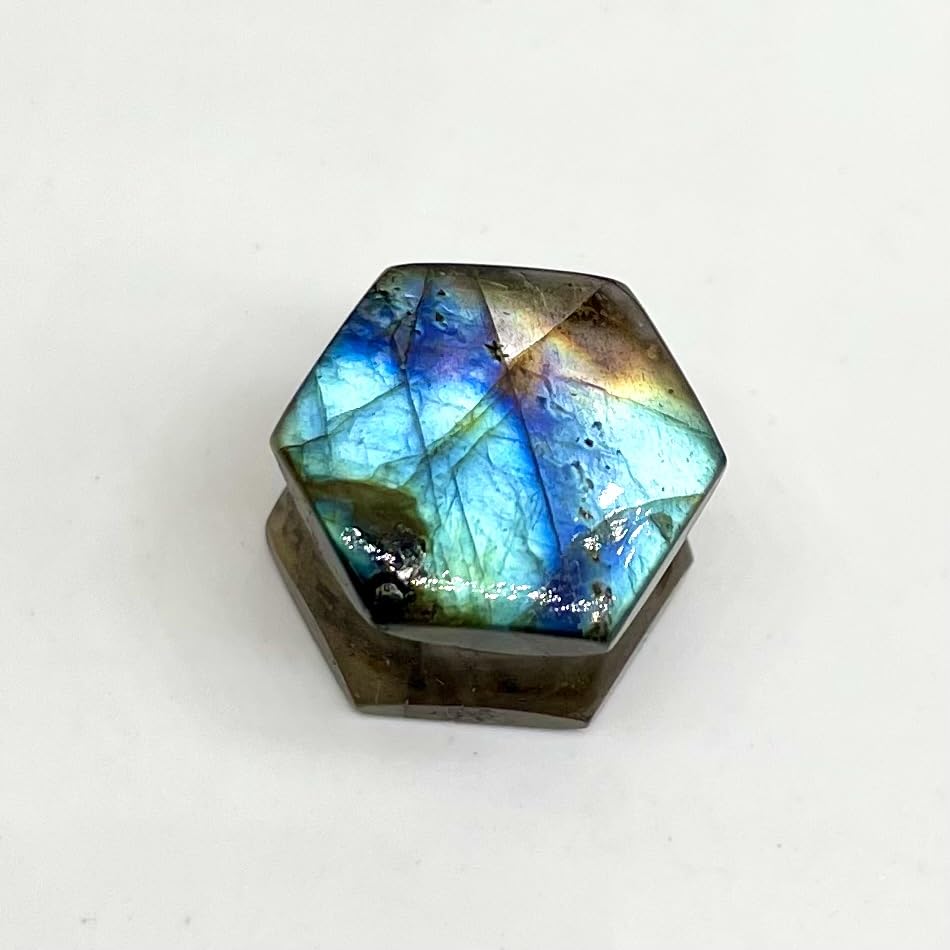 Labradorite Double Flare Earring Plug, Hexagon, Size 8g (3mm) to 2-1/8” (54mm), Natural Multi Flashy Labradorite Stone Earring Body Jewelry for Men and Women