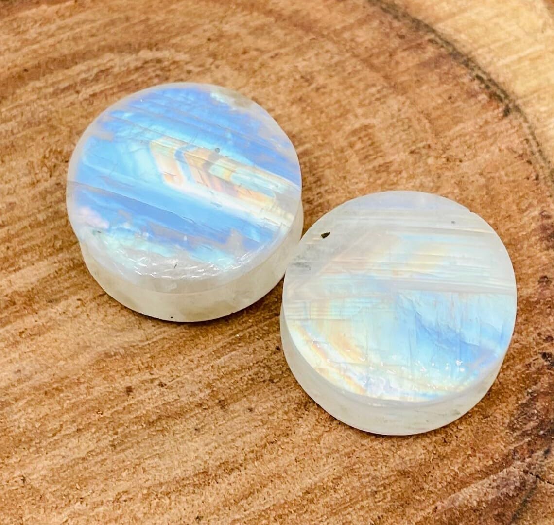 Pair of Natural White Rainbow Moonstone Gemstone Handmade Double Flared Round Shaped Ear Gauges Plugs Naga Body Piercing Jewelry Size 8g (3mm) to 1" (25mm)