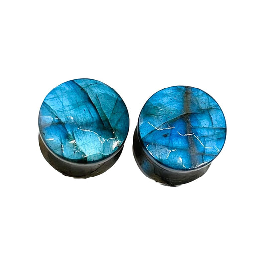 Pair of Genuine Sky Blue Flash Labradorite Gemstone Handcrafted Double Flare Round Shape Haxegon Cut Faceted Plug Tunnel Size 8g (3mm) to 1" (25mm) Customized Wholesale Available