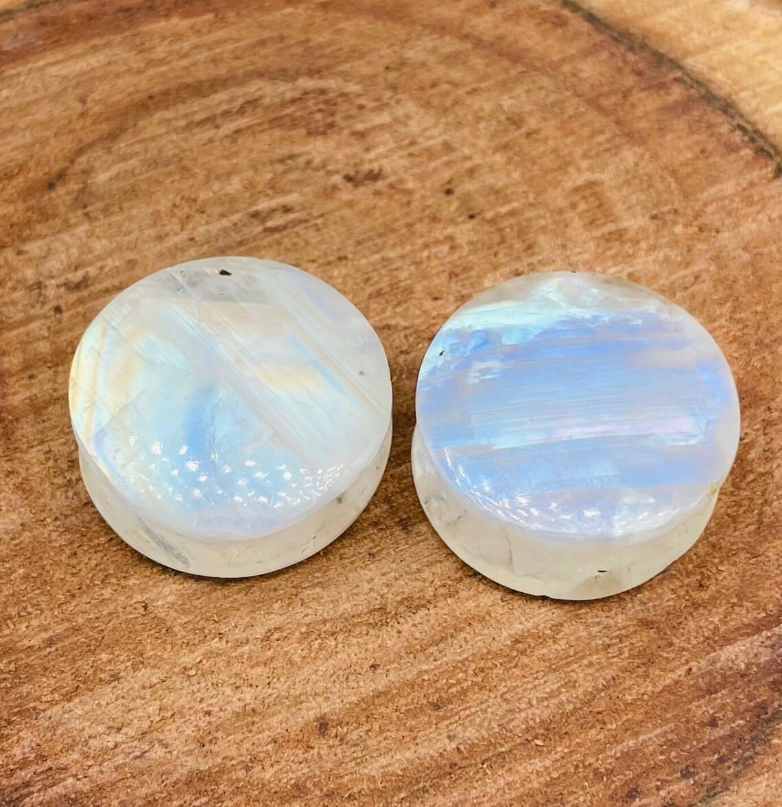 Pair of Natural White Rainbow Moonstone Gemstone Handmade Double Flared Round Shaped Ear Gauges Plugs Naga Body Piercing Jewelry Size 8g (3mm) to 1" (25mm)