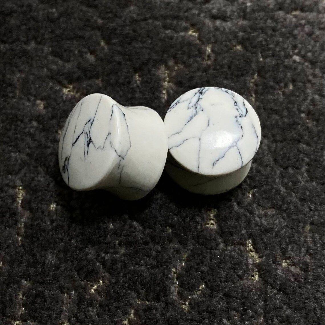 White Howlite Stone Ear Plugs | Natural Double Flared Body Jewelry | Marble Look Gauge Plugs for Stretched Ears