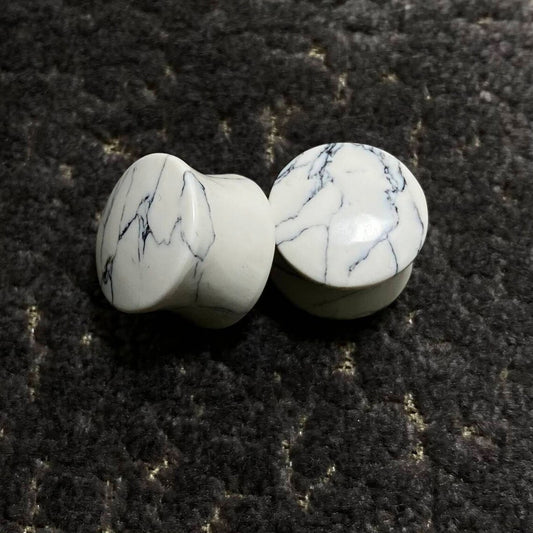 White Howlite Stone Ear Plugs | Natural Double Flared Body Jewelry | Marble Look Gauge Plugs for Stretched Ears