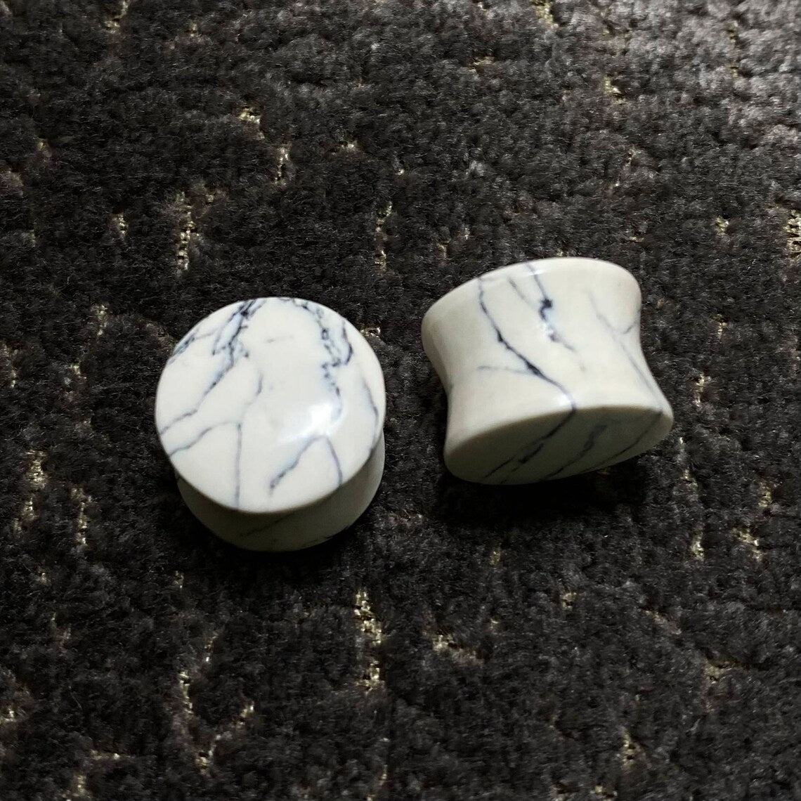 White Howlite Stone Ear Plugs | Natural Double Flared Body Jewelry | Marble Look Gauge Plugs for Stretched Ears