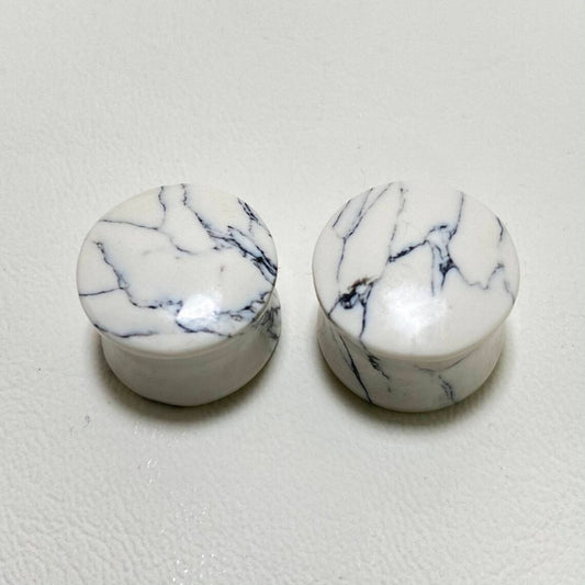 White Howlite Stone Ear Plugs | Natural Double Flared Body Jewelry | Marble Look Gauge Plugs for Stretched Ears