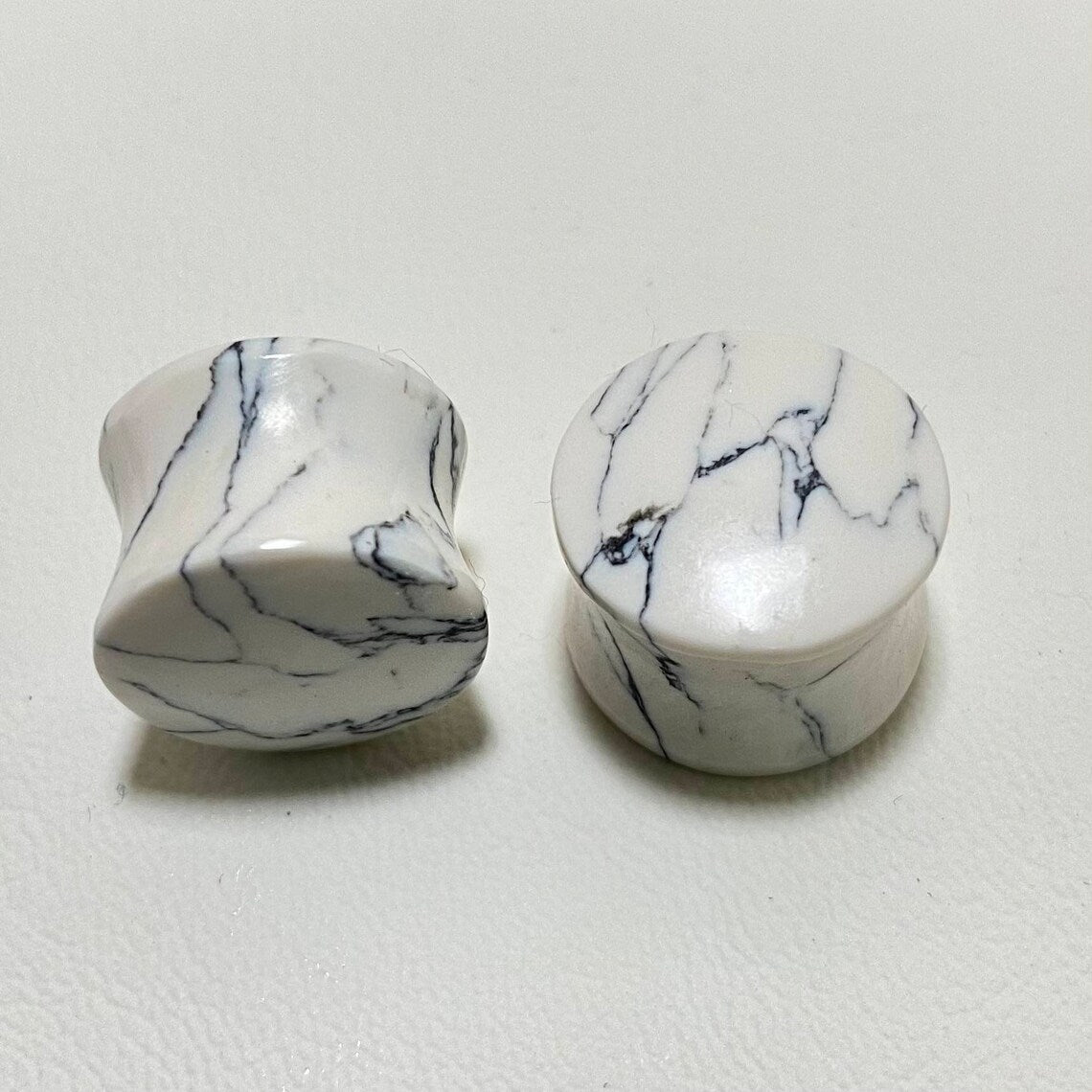 White Howlite Stone Ear Plugs | Natural Double Flared Body Jewelry | Marble Look Gauge Plugs for Stretched Ears